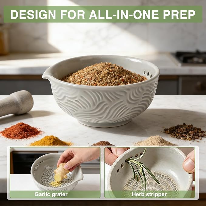 Ceramic Grater Bowl with Herb Stripper, 3 in 1 Handmade Ginger Grater Bowl, Garlic Grater Plate, Multi-Functional Kitchen Tools and Gadgets, for Garlic, Chocolate, Herbs, Etc - Image 3