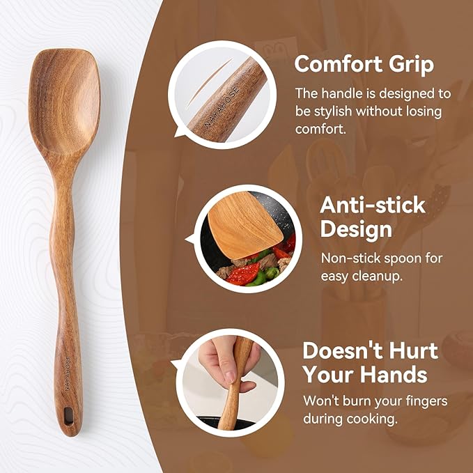 Wooden Spoons for Cooking, 10 Pcs Wood Utensils Set with Spoon Rest & Holder, Nonstick, Non Scratch, Easy Clean, Natural Teak Wooden Cookware for Cooking for Mom Wife Kitchen Gifts