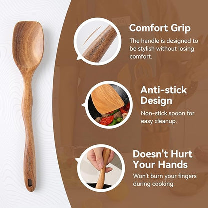 Wooden Spoons for Cooking, 10 Pcs Wood Utensils Set with Spoon Rest & Holder, Nonstick, Non Scratch, Easy Clean, Natural Teak Wooden Cookware for Cooking for Mom Wife Kitchen Gifts