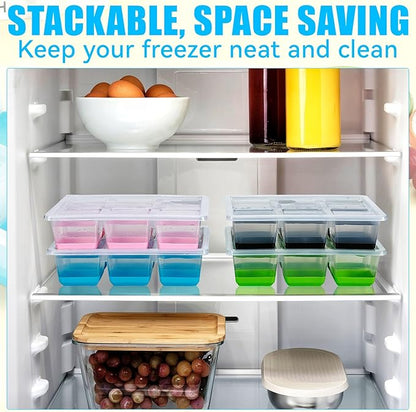 Ice Cube Trays 2 Pack, JRISBO Large Silicone Ice Cube Molds with Leak-Proof Lid, TPE Frame & Easy Release Bottom, Stackable Freezer Ice Trays for Whiskey, Cocktails, Soup, BPA Free (Black)