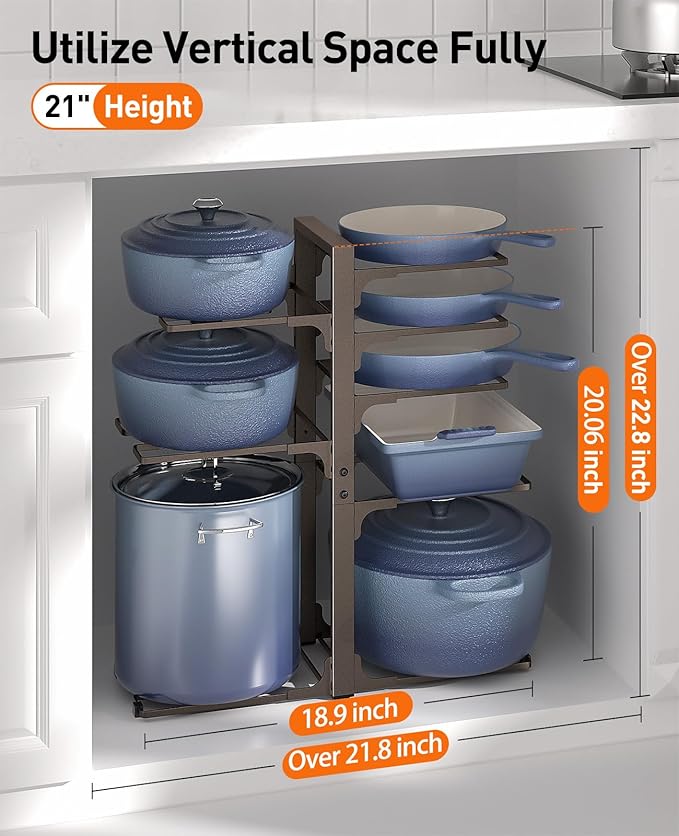ORDORA Pots and Pans Organizer under Cabinet, 20.8" Height Heavy Duty 120LBS Pots Pans Organizer Rack for Cabinet 8-Tier Adjustable for Big Stockpots, Dutch Oven, Cast-iron Pan, Heavy Cookware, Bronze - Image 2