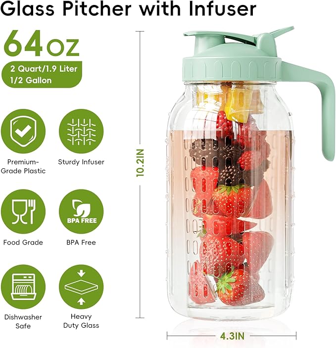 JunVpic Glass Mason Jar Pitcher, 64oz (2 Quart) Wide Mouth Jug with Dual Leak-Proof Pour Spout, Handle Lid for Fruit Drinks, Cold Brew Coffee, Ice Beverage, Iced Juice, Lemonade, Sun Tea Container - Image 2