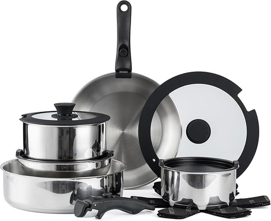 Country Kitchen Cookware Set with Removable Handle, Oven & RV Safe Pots and Pans Set, Stainless Steel, Original by CountryKitchen