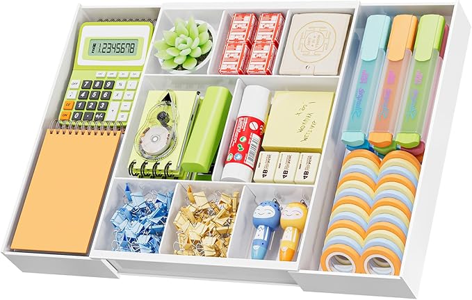 Marbrasse Expandable Desk Drawer Organizer, Clear Plastic Drawer Organizer Tray with 10 Adjustable Compartments, Desk Organizers and Accessories, 5 Drawer Dividers for Office Supplies, Makeup(White) by Marbrasse