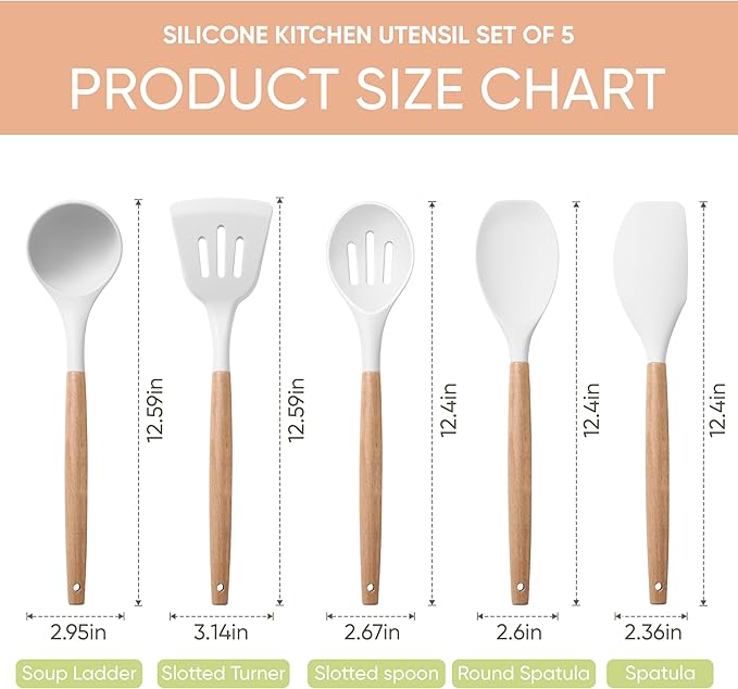 Herogo 5-Piece Cooking Utensils Set, Silicone Kitchen Utensils Set with Wooden Handle, Heat Resistant Cooking Tools Slotted Turner, Spoon, Soup Ladle, Spatula, Spoonula for Nonstick Cookware, White - Image 2