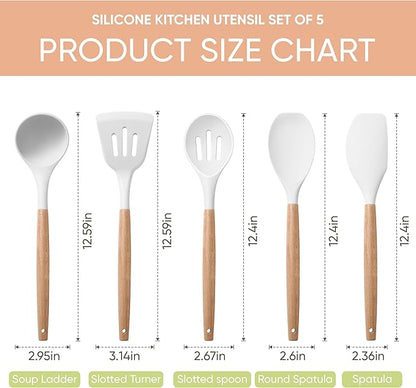 Herogo 5-Piece Cooking Utensils Set, Silicone Kitchen Utensils Set with Wooden Handle, Heat Resistant Cooking Tools Slotted Turner, Spoon, Soup Ladle, Spatula, Spoonula for Nonstick Cookware, White - Image 2