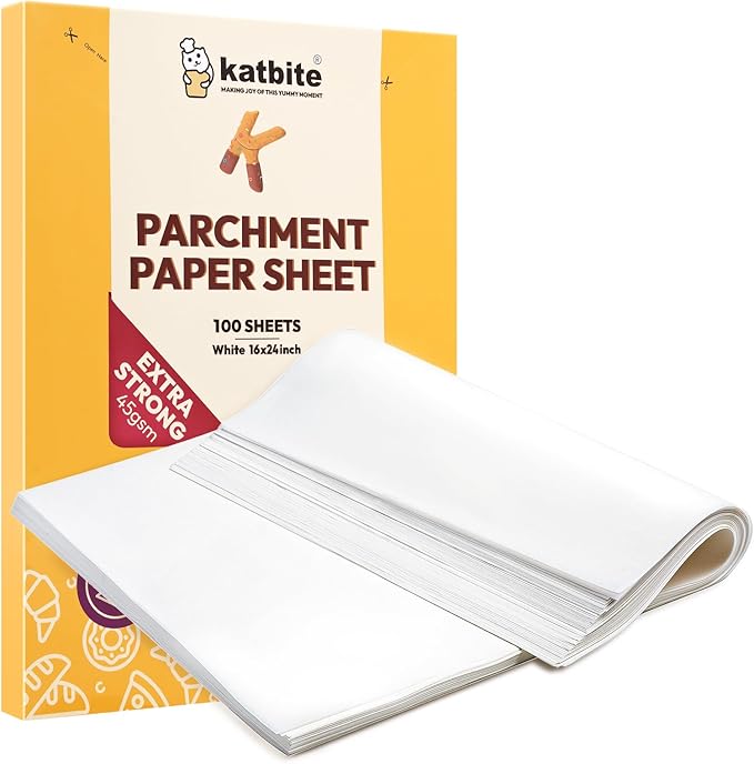Katbite 16x24 inch Heavy Duty Parchment Paper Sheets, 100Pcs Precut Non-Stick Full Parchment Sheets for Baking, Cooking, Grilling, Frying Steaming, Full Sheet Baking Pan Liners [Extra Strong Series]
