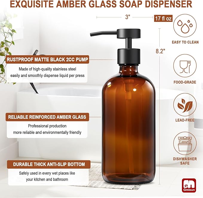 GMISUN Amber Glass Soap Dispenser, 1 Pack Dish Soap Dispensers for Kitchen with Rustproof Stainless Steel Pump, 17 Fl Oz Bathroom Hand Soap Dispenser, Brown Liquid Dishwashing Dispensers Bottle - Image 3