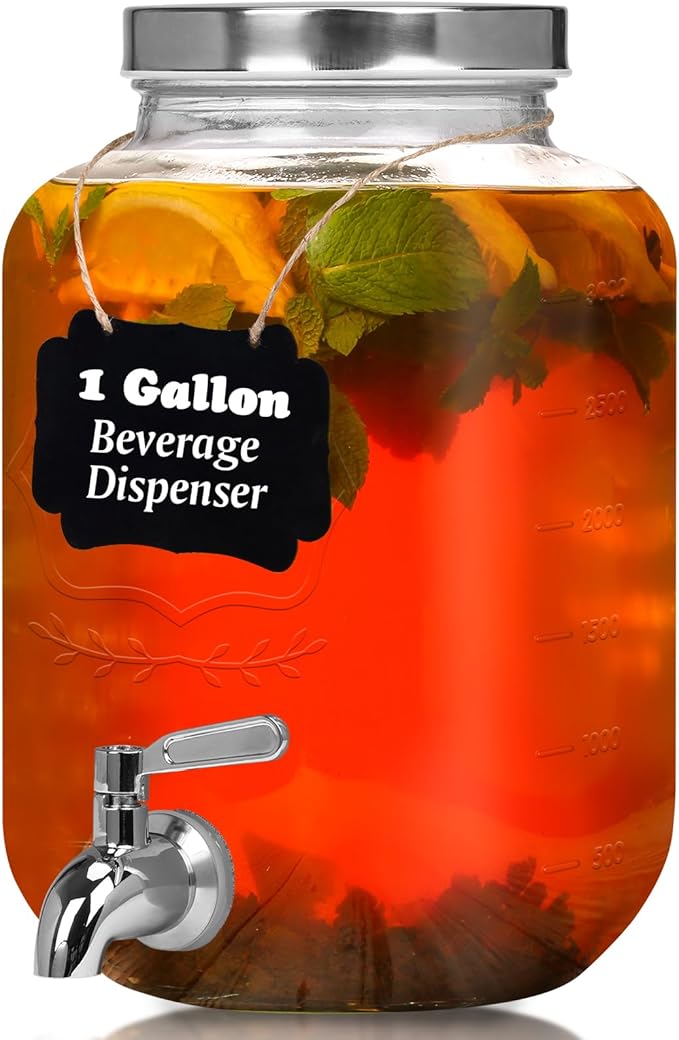 Moretoes 1 Gallon Glass Drinks Dispenser for Parties, Beverage Dispenser for Juice and Iced Tea, Airtight Sun Tea Glass Jar for Outside, Party Essential Beverage Pitcher with Spout by Moretoes