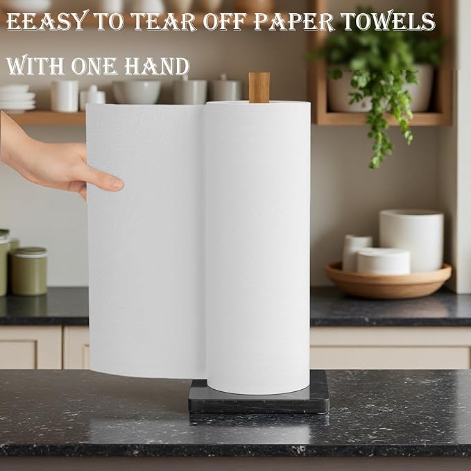 Buruis Wood Paper Towel Holder, Marble Base Modern Decorative Countertop Standing Rolls Holder for Kitchen, Toilet, Pantry and Bathroom (Square Marble Base Black) - Image 3