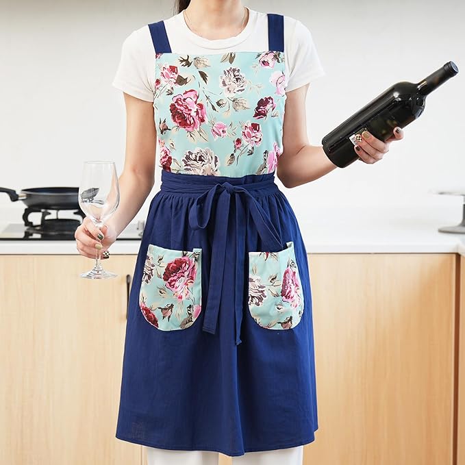 Pinknoke Vintage Pinafore Apron Dress for Women with Pockets Cute Floral Chef Aprons for Kitchen Cooking Baking Gardening - Image 9