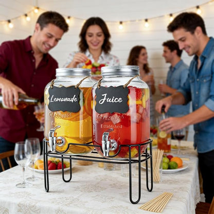 1 Gallon Glass Drink Dispensers For Parties, 2 Pack Beverage Dispenser，Lemonade Dispenser With Fruit Infuser And Stand For BBQ, Picnic, Party,Sun Tea