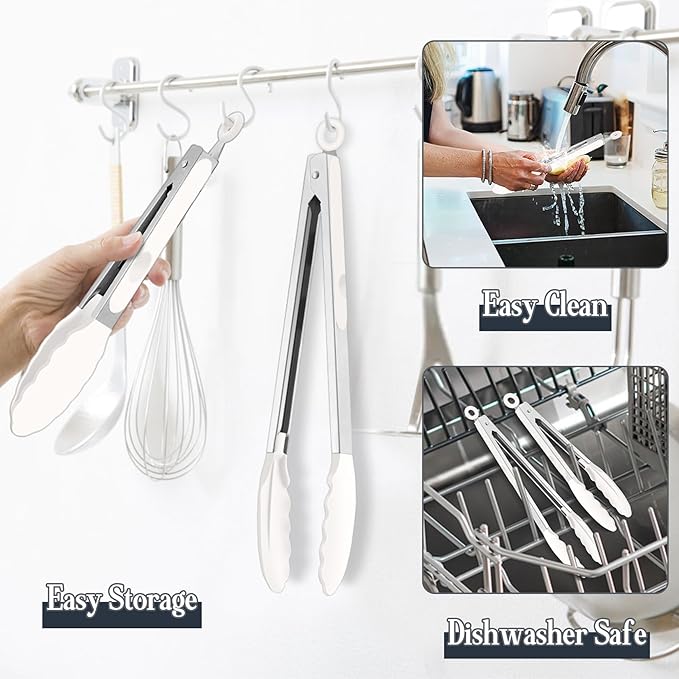 TeamFar Kitchen Tongs, 9" and 12" Stainless Steel Cooking Tongs with Silicone Tips for Cooking Grilling Serving & BBQ, Heat Resistant Silicone Tongs, Locking Design & Dishwasher Safe, Set of 2 & White - Image 5
