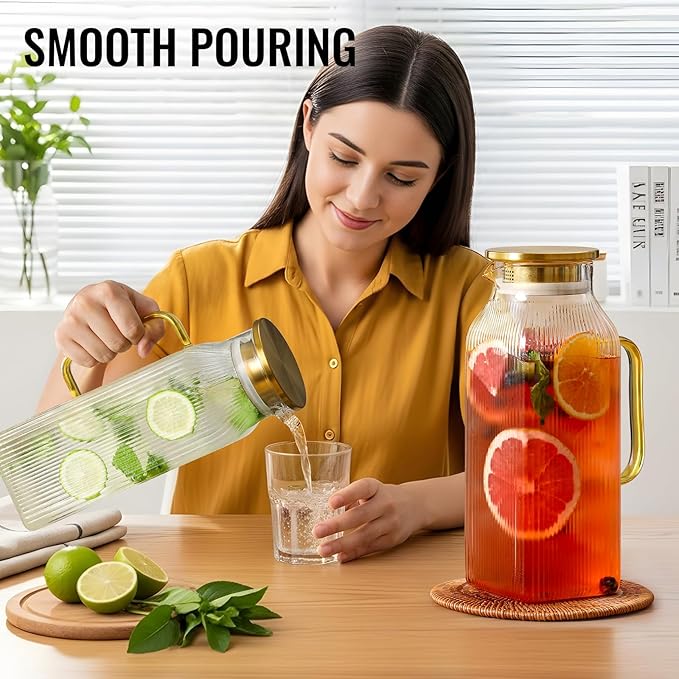 4 Pack 2 Liter/68 oz Square Glass Pitcher with Lid, Classic Stripes Water Pitchers with Handle for Fridge, Large Jug for Iced Tea, Coffee, Borosilicate Glass Carafe for Hot/Cold Brew Drink, Gold - Image 7