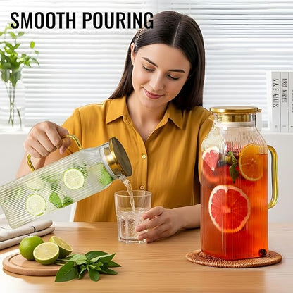 4 Pack 2 Liter/68 oz Square Glass Pitcher with Lid, Classic Stripes Water Pitchers with Handle for Fridge, Large Jug for Iced Tea, Coffee, Borosilicate Glass Carafe for Hot/Cold Brew Drink, Gold - Image 7