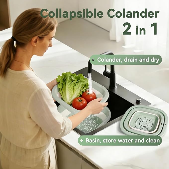 3 Sets 2 in 1 Collapsible Colander and Sink Basin - Collapsible Strainer with Collapsible Wash Basin for Kitchen, RV Camping, Foldable Fruit Vegetable Washing Basket, 2QT 4QT 8QT, Blue