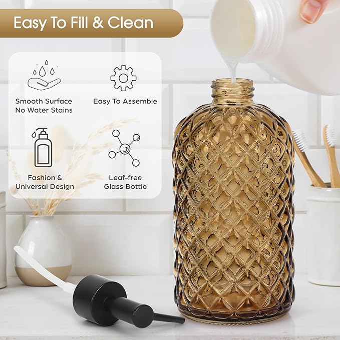 Topsky Gem Glass Soap Dispenser with Black Plastic Pump, 13oz Liquid Hand Soap Dispenser, Rustproof Pump for Kitchen & Bathroom, Great for Lotions, Essential Oil, Liquid Soaps-Amber - Image 2