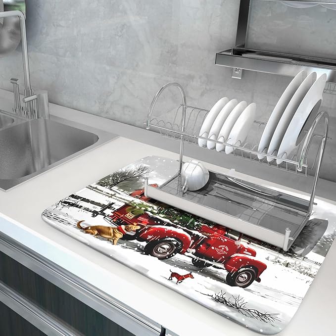 Red Truck Christmas Dish Drying Mat for Kitchen Counter 18x24 Inch Winter Xmas Tree Snowman Dog Print Absorbent Reversible Microfiber Drying Mats Kitchen Countertop Protector Dishes Drainer Rack Pad - Image 5