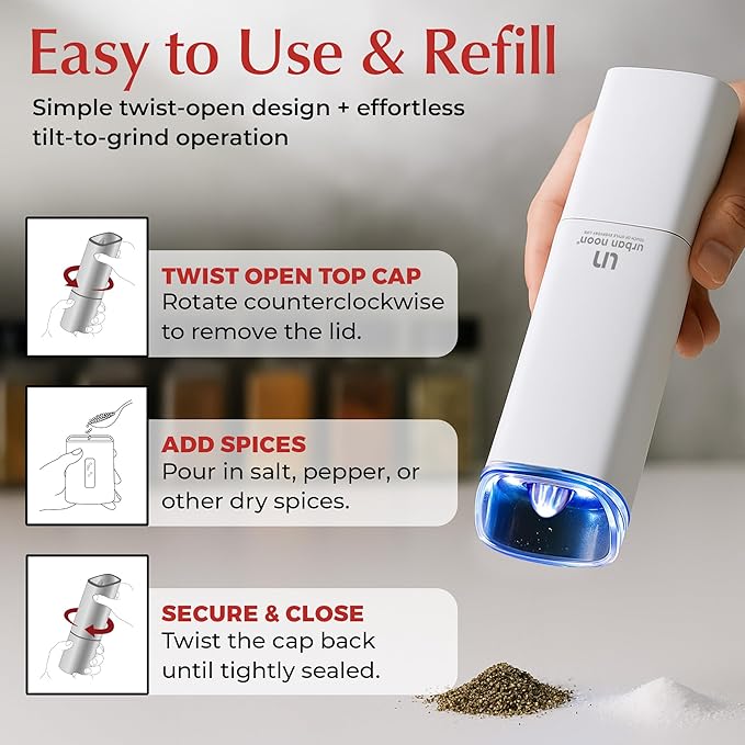 Automatic Salt and Pepper Grinder Set - Rechargeable Electric Salt and Pepper Shakers with Adjustable Coarseness, LED Light, One-Handed Use, Gravity Salt Grinder and Electric Pepper Mill - Image 2