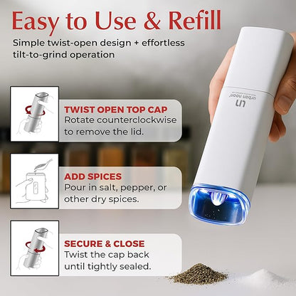 Automatic Salt and Pepper Grinder Set - Rechargeable Electric Salt and Pepper Shakers with Adjustable Coarseness, LED Light, One-Handed Use, Gravity Salt Grinder and Electric Pepper Mill - Image 2
