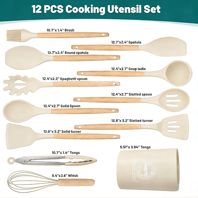 Silicone Cooking Utensil Set,12 PCS Cooking Kitchen Utensils Set, Nonstick Kitchen Utensils 446°F Heat-Resistant Cookware Kitchen Tools of Spoon,Brush,Whisk,Spatula,Turner Tongs (Khaki) - Image 2