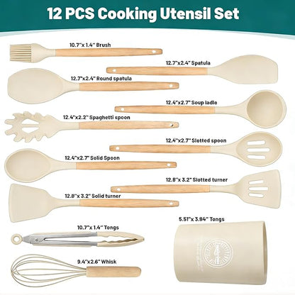 Silicone Cooking Utensil Set,12 PCS Cooking Kitchen Utensils Set, Nonstick Kitchen Utensils 446°F Heat-Resistant Cookware Kitchen Tools of Spoon,Brush,Whisk,Spatula,Turner Tongs (Khaki) - Image 2