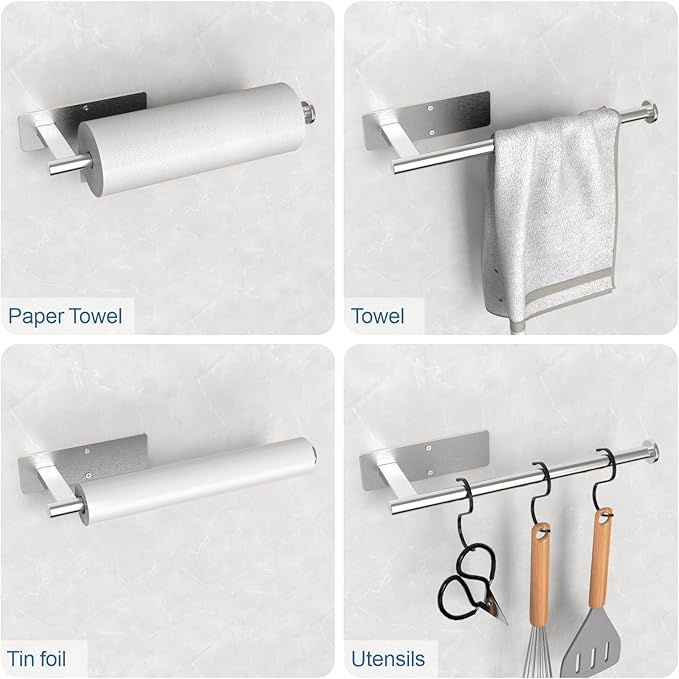 CUXIXA Paper Towel Holder Under Cabinet 2 Pack, Upgraded Adhesive Paper Towel Holder Wall Mount for Kitchen, Bathroom, RV, Bend-Resistant, Self-Adhesive or Drill mounting, Stainless Steel, Silver - Image 3