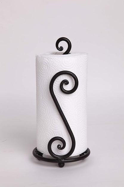 RTZEN Matte Black Paper Towel Holder Countertop - Decorative Farmhouse Paper Towel Roll Holder - Rustic Metal Modern Stand for Kitchen or Bathroom (Swirl)