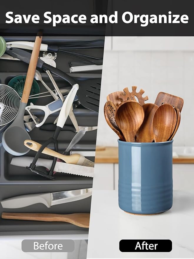 ABRUTY Utensil Holder, 6.7" Ceramic Kitchen Utensil Crock for Countertop Cooking, Modern Utensil Caddy Jar Organizer for Farmhouse Kitchen Counter Décor, Blue - Image 5