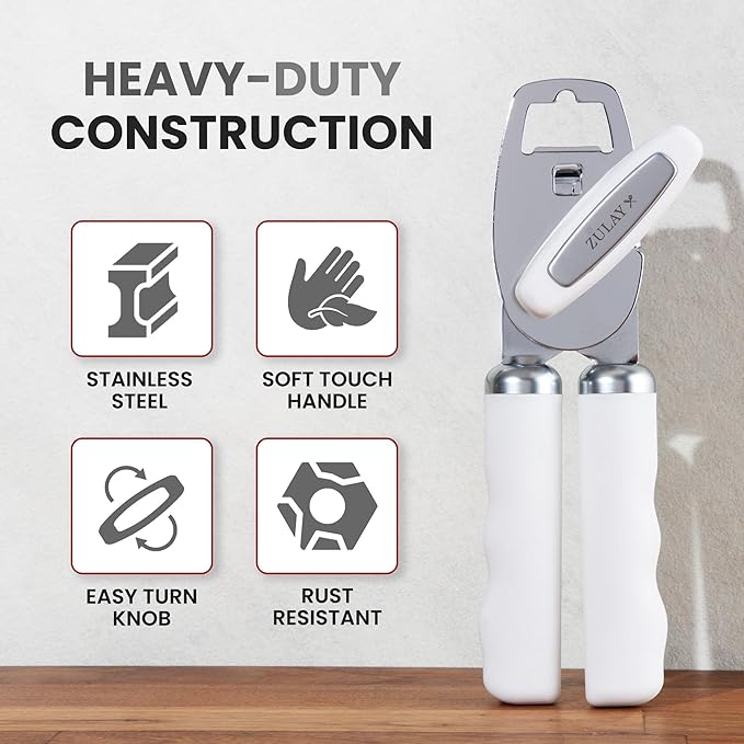 Zulay Kitchen Heavy Duty Stainless Steel Can Opener Manual with Bottle Opener - Rust Proof Manual Can Opener With Turn Knob & Comfy Soft Grip Handles - White - Image 3