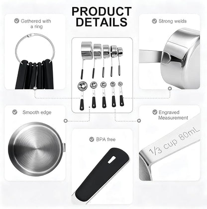 Bopei Measuring Cups and Spoons Set Stainless Steel 10 Piece for Cooking and Baking (5 Cups + 5 Spoons, Black Handle) - Image 6