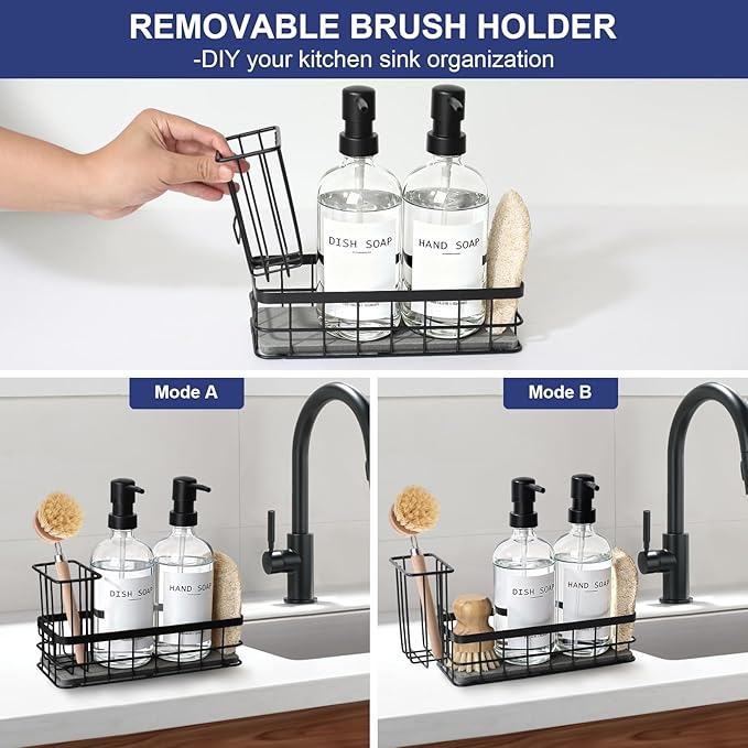 Dish Soap Dispenser for Kitchen, 16.9 fl oz Clear Hand and Dish Soap Dispensers, Kitchen Soap Dispenser Set with Sponge Holder, Brush Holder and Loofah Sponge, Countertop Sink Organizer Accessories - Image 5