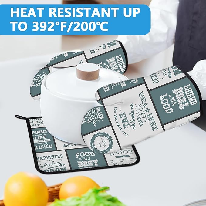 Vintage Farmhouse Food Pattern Oven Mitts and Pot Holders Sets Heat Resistant 4Pcs Potholders Oven Gloves Hot Pads for Kitchen Baking Cooking Grilling BBQ