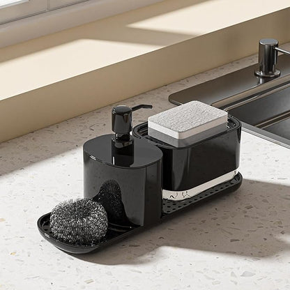 Kitchen Soap Dispenser Set with Tray, 4-in-1 Dual Hand and Dish Soap Dispenser with Sponge Holder for Kitchen Sink, Practical Kitchen Gadgets (Black)