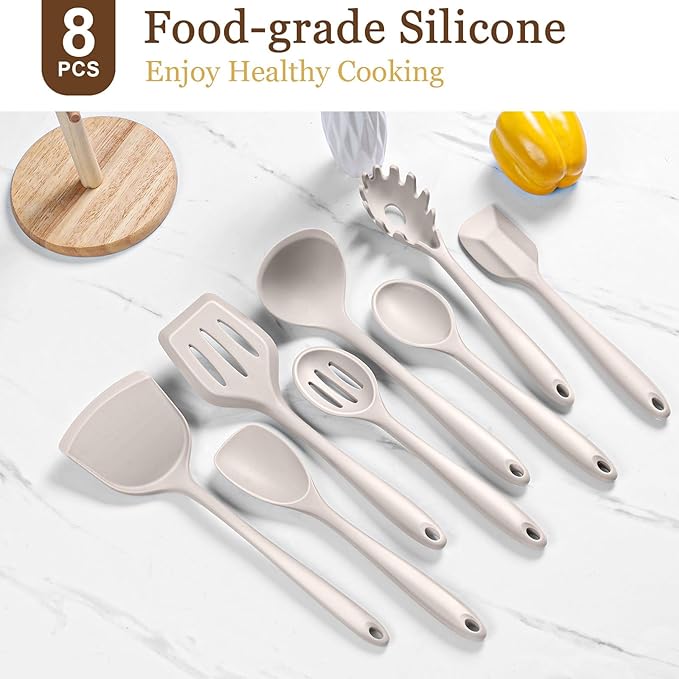 LIANYU 8Pcs Kitchen Cooking Utensils Set, Silicone Cooking Utensil Set, Heat Resistant Kitchen Tools for Nonstick Cookware, Includes Silicone Spatula, Spoon, Ladle, Turner, Dishwasher Safe, Khaki - Image 3