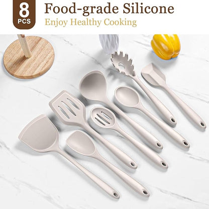 LIANYU 8Pcs Kitchen Cooking Utensils Set, Silicone Cooking Utensil Set, Heat Resistant Kitchen Tools for Nonstick Cookware, Includes Silicone Spatula, Spoon, Ladle, Turner, Dishwasher Safe, Khaki - Image 3
