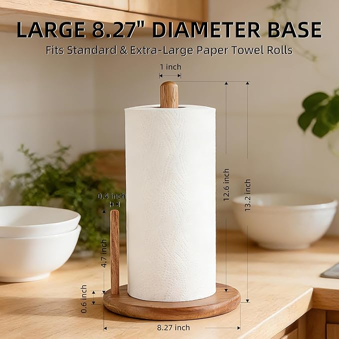 Jumbo Acacia Wood Paper Towel Holder – Large 8.27" Diameter Non-Slip Base, Countertop Wooden Paper Towel Holder for Kitchen, Dining, Coffee Bar, Thick & Stable, Easy Assembly, Natural Wood Finish - Image 3