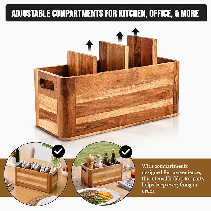 Wooden Caddy Utensil Holder - Premium Acacia Wood Utensil Caddy with Sturdy Design for Easy Organization - Perfect Kitchen Utensil Organizer for Counters, Dining Tables, and Everyday Use