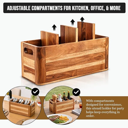 Wooden Caddy Utensil Holder - Premium Acacia Wood Utensil Caddy with Sturdy Design for Easy Organization - Perfect Kitchen Utensil Organizer for Counters, Dining Tables, and Everyday Use