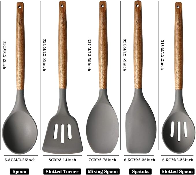 Kitchen Utensils Set, Silicone Cooking Utensils Set,Non-Stick Silicone Spatula Set with Natural Acacia Hard Wood Handle, 5 Piece, Upgraded Thickened Cookware - Image 4