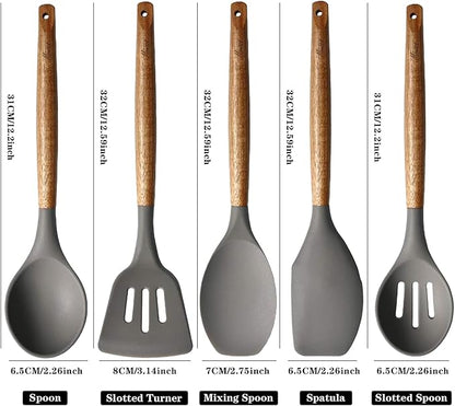 Kitchen Utensils Set, Silicone Cooking Utensils Set,Non-Stick Silicone Spatula Set with Natural Acacia Hard Wood Handle, 5 Piece, Upgraded Thickened Cookware - Image 4