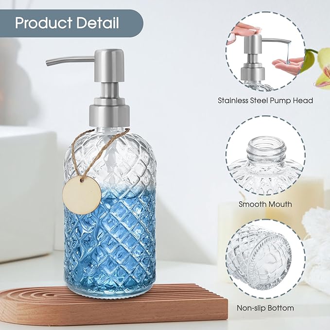 Gem-Patterned Glass Soap Dispenser with Rust Proof Stainless Steel Pump-13 oz Liquid Hand Soap Dispenser for Kitchen & Bathroom,Great for Lotions, Essential Oil, Liquid Soaps-Clear - Image 3