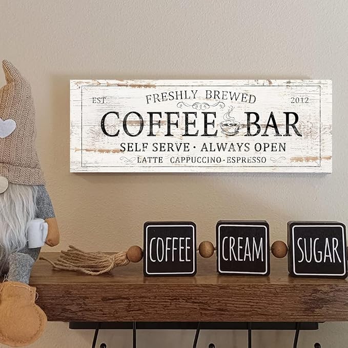 Coffee Bar Sign Decor Rustic Kitchen Canvas Sign Farmhouse Bar Hanging Wall Decor Self Serve Always Open Vintage Plaque Signs for Coffee Station Home Office 6x17 - Image 3