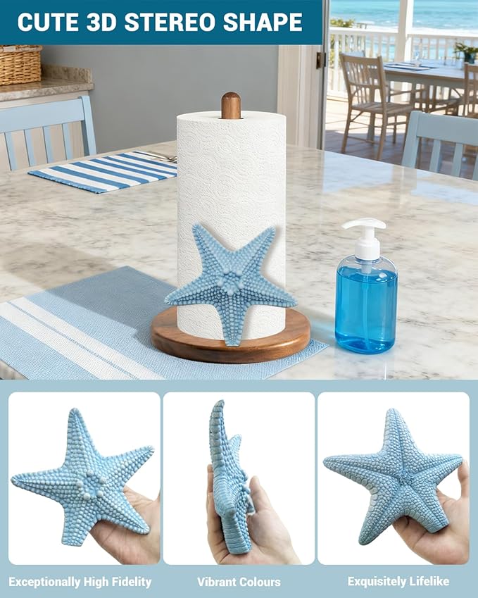 Starfish Paper Towel Holder, Coastal Beach Ocean Decor for Kitchen Bathroom Countertop, Freestanding Wooden Stand, Standard & Jumbo Rolls, Gift for Women