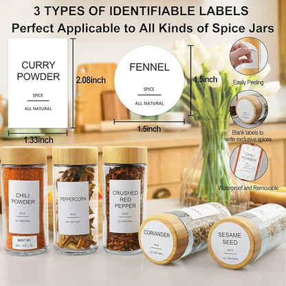 AISIPRIN Glass Spice Jars with 398 Labels-4oz 24 Pcs,Round Seasoning Jars with Bamboo Airtight Lids,Spice Container Set -Shaker Lids, Funnel,Brush and Marker Included - Image 2