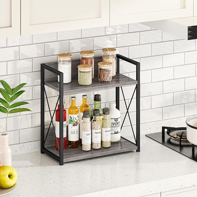 Giikin Coffee Bar Accessories, 2 Tier Spice Rack for Counter, Gray Kitchen Countertop Organizer (Grey, L) - Image 4