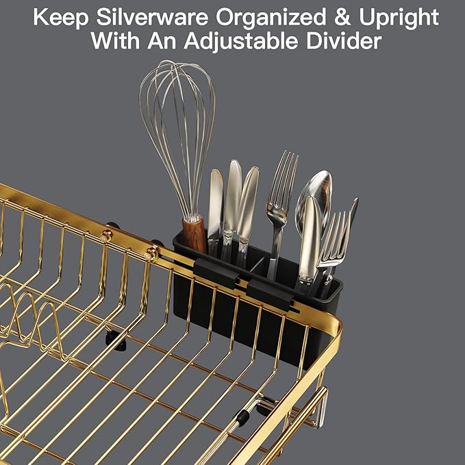 MAJALiS Dish Drying Rack Over The Sink, Expandable Stainless Steel Dish Drainer for Small Kitchen Counter Space Saving, RV Compact Plate Strainer in Gold Metal with Hanging Adjustable Utensil Holder - Image 8
