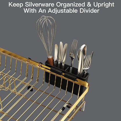 MAJALiS Dish Drying Rack Over The Sink, Expandable Stainless Steel Dish Drainer for Small Kitchen Counter Space Saving, RV Compact Plate Strainer in Gold Metal with Hanging Adjustable Utensil Holder - Image 8