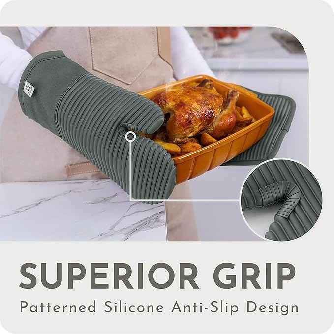 Extra Long Silicone Oven Mitts and Pot Holders Sets | Heat Resistant 500°F BPA-Free Food Grade Silicone Hot Pads & Kitchen Mittens | 4-Piece Set of Oven Gloves & Potholders for Kitchens- Gray - Image 4