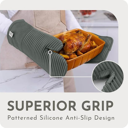 Extra Long Silicone Oven Mitts and Pot Holders Sets | Heat Resistant 500°F BPA-Free Food Grade Silicone Hot Pads & Kitchen Mittens | 4-Piece Set of Oven Gloves & Potholders for Kitchens- Gray - Image 4